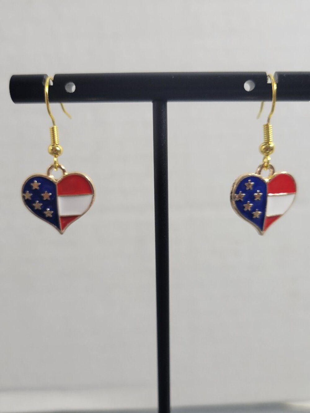 Patriotic US Flag Heart Dangle Earrings Red White Blue 4th of July Jewelry E128E